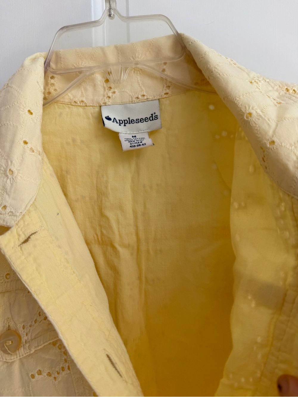 Appleseed’s (Size M) Pale Yellow Pastel Eyelet Cotton Button Jacket, Lined
